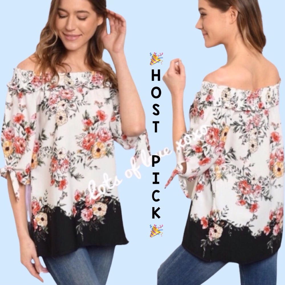 โDONATEDโWhite Black Floral Off The Shoulders Tie Sleeve Top - Picture 1 of 12